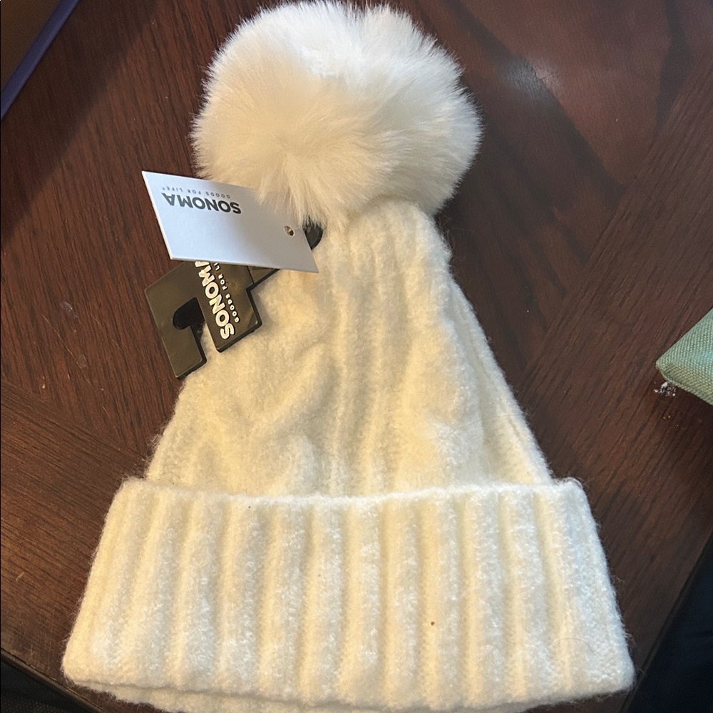 NWT White beanie with Pom Pom